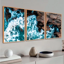 Kit 3 Quadros Decorativo Grande Sala Com Moldura Praia Mar