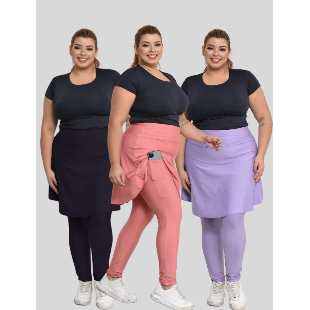kit 3 Calças Legging Saia Fitness Moda Evangelica Com Bolso Plus Size G1 G2