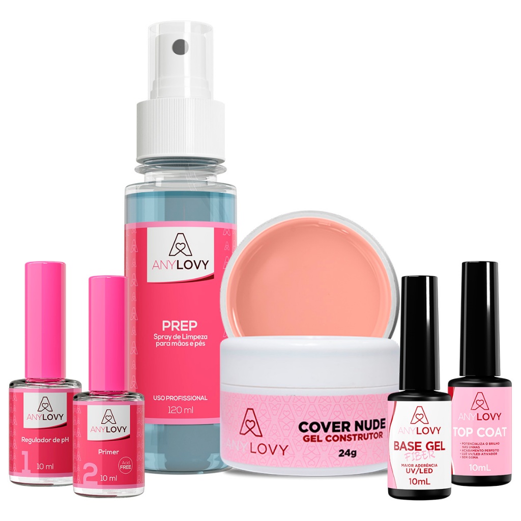 Kit Any Lovy Prep Primer Regulador De Ph Top Coat Gel Base Fiber + Gel Construtor 24g (Escolher Cor)