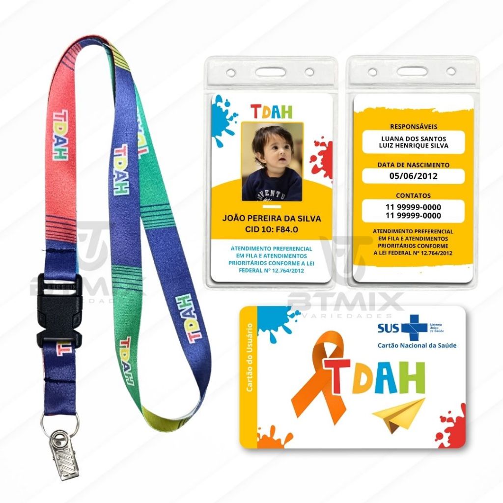 Kit Cordão Crachá e Cartão Sus do TDAH PVC Personalizado