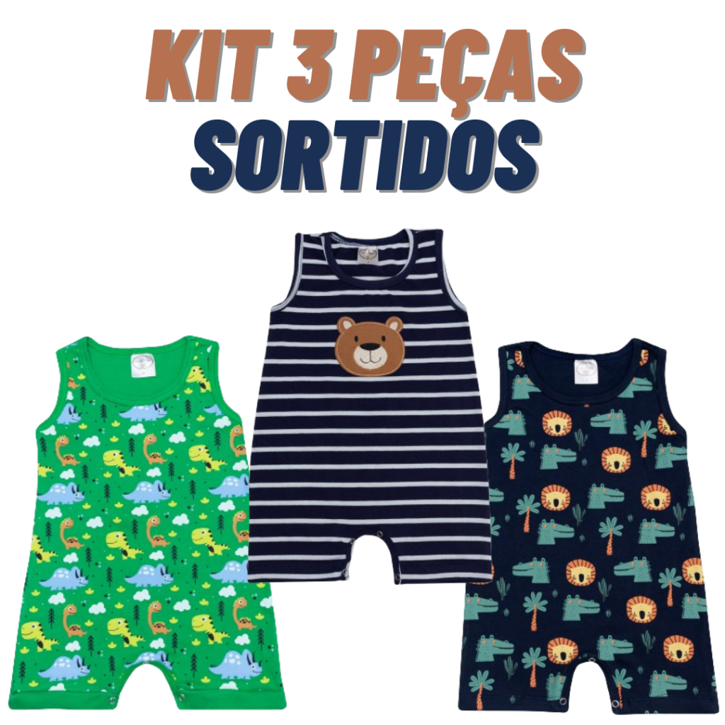 Kit 3 Macacão Romper Banho de Sol Regata Algodão Masculino Sortido Roupa de Bebe