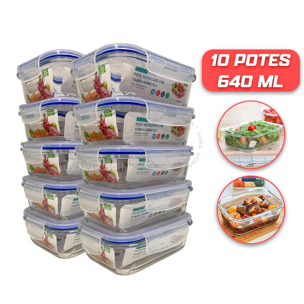 Kit 10 Potes de Vidro 640ml Hermético Marmita Fit com Tampa 4 Travas