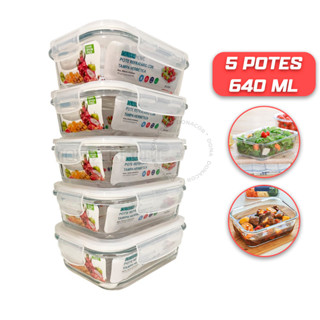 Kit 5 Potes de Vidro 640 ml Hermético Marmita Fit com Tampa 4 Travas