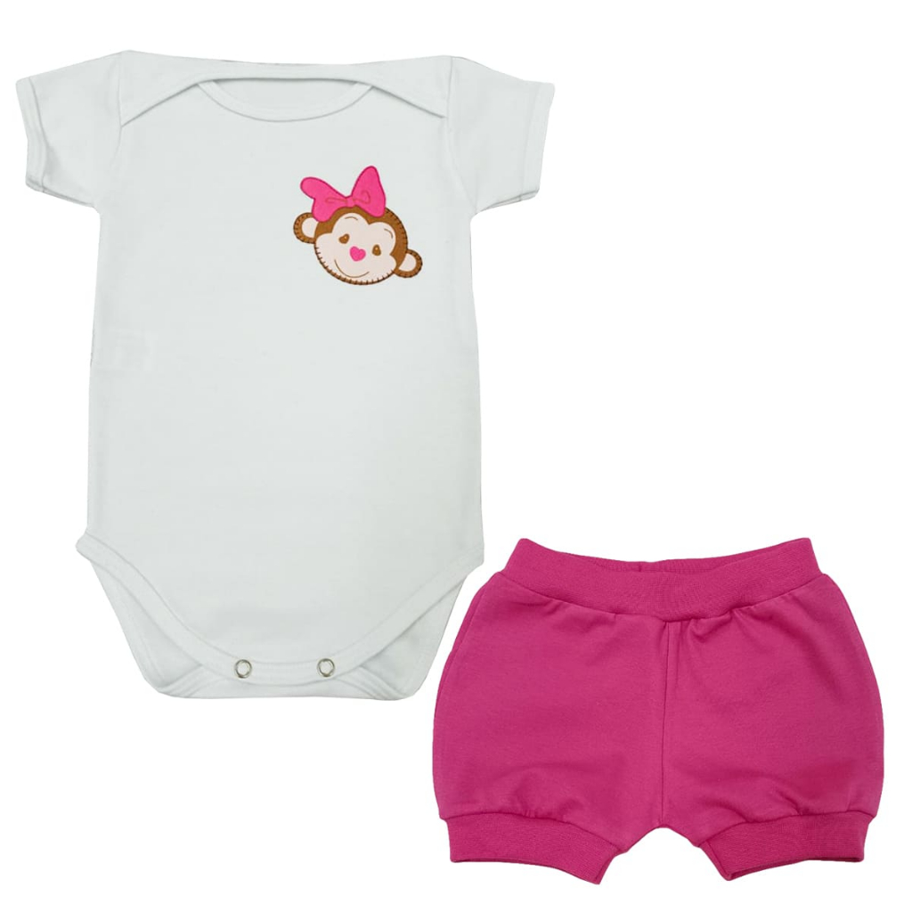Conjunto Body Manga Curta Bebê Macaquinha Laço Pink + Shorts Suedine Algodão PP ao G
