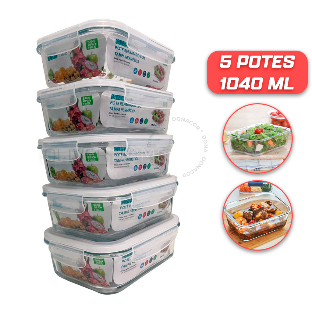 Conjunto Com 5 Potes Vidro 1040ml Hermético Marmita 4 Trava- Pote Hermetico