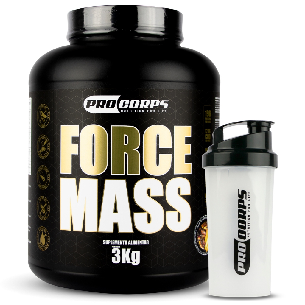 Suplemento Hipercalórico 3kg Force Mass + 1 Coqueteleira 600ml - Ganhe Massa Muscular Pro Corps
