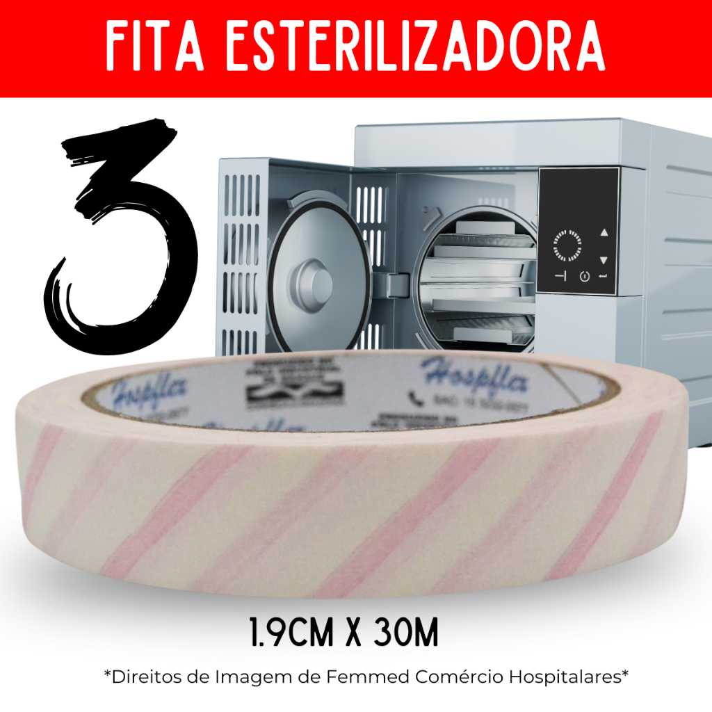 Kit 3 Fita Adesiva Indicadora para Esterilização em Autoclave - Hospflex