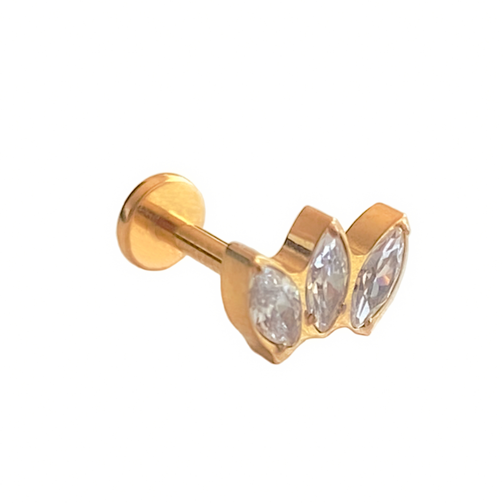 Piercing Labret Coroa Titânio Zircônias Naturais Navete 8mm Dourado Orelha Trágus Hélix