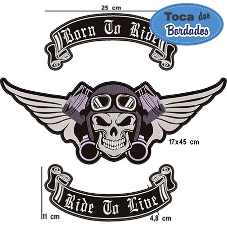 Patch Bordado Skull Caveira Com Asas e Pistão 41x45cm Cód.1804 Motociclista - Born To Ride, Ride To Live