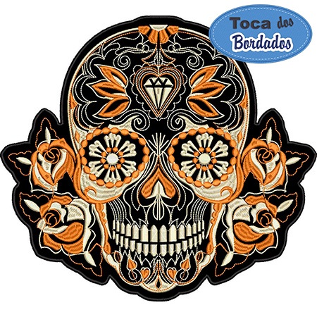 Back Patch Bordado Caveira Skull cor laranja 25,5x28,5cm Cód.2100 - Tamanho Grande, fixação costura