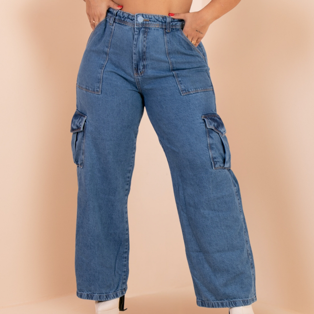 Calça Jeans Cargo Wide Leg Plus Size Bolsos Laterais em Oferta na Shopee