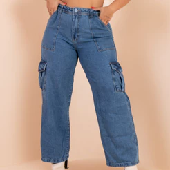 Calça Jeans Cargo Wide Leg Plus Size Bolsos Laterais