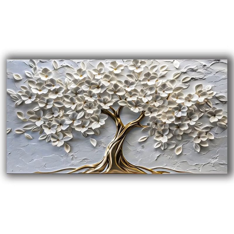 Quadro Decorativo Sala 90X60cm Árvore Cerejeira Branca Gold Mdf Quarto Luxo