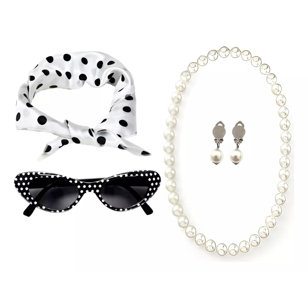 Kit Fantasia Anos 50 / 60 Lenço Óculos Brinco Colar Festa cosplay