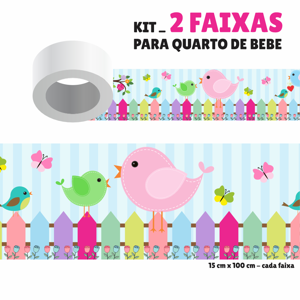 Kit com 2 Faixas Adesiva Papel de Parede Border Faixa Adesiva Decoração Quarto Infantil - Passarinhos e Flores - 064X