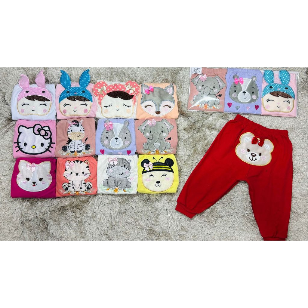 Kit Mijão Bordado 3D para Menina – 3 Peças em Algodão em Oferta na Shopee