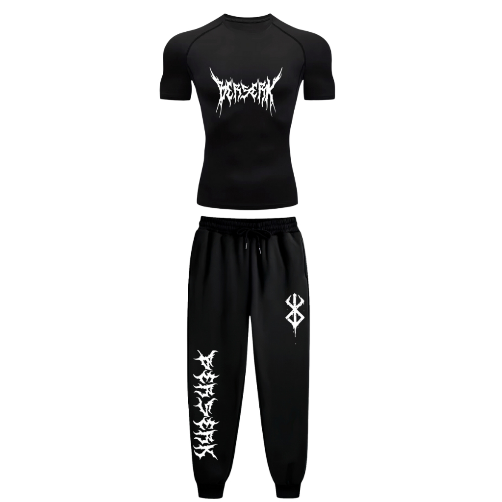 Kit Treino Academia Camiseta Compressao E Calça Moletom Berserk Guts Letra Gotica Marca Do Sacrificio Gym