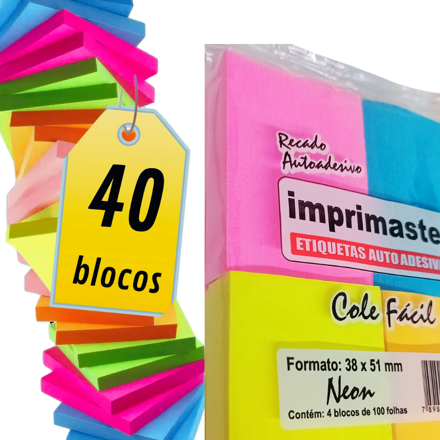 40 Blocos Recados Neon 38x51mm Cole Fácil - 100 Folhas Cada -  Post it - Rosa, Azul, laranja e Amarelo Neon