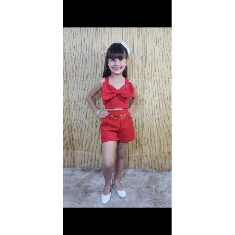 conjunto infantil meninas linho shorts e blusa cropped laço conjunto infantil mini diva alfaiateria