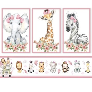 Quadro Decorativo Infantil 20x30 Bebê Menina Safari 3 Peças + Adesivo de Parede