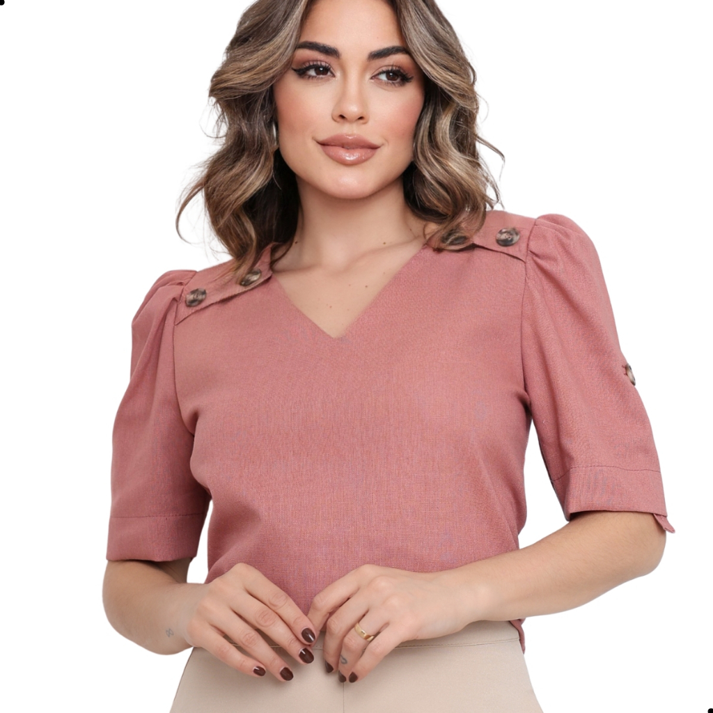 Blusa Feminina Evangélica Social Linho Gola V Com Botões em Oferta na Shopee