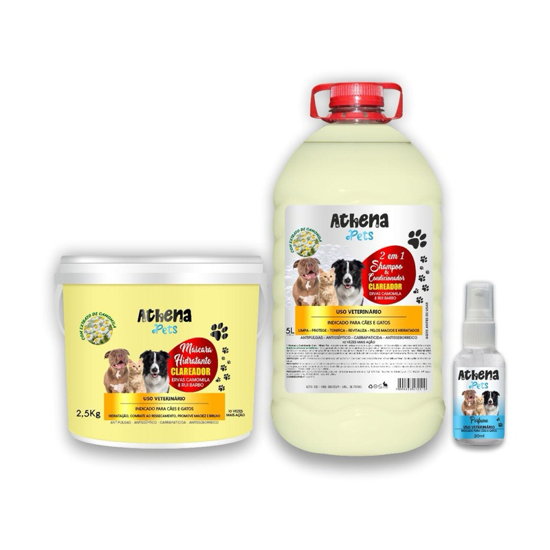 Kit Com 3 Unidades Shampoo Pet P Cachorros e Gatos Clareador Condicionador5Lt (2 Em1) +Mascara Clareadora 2,5kg+ PERFUME