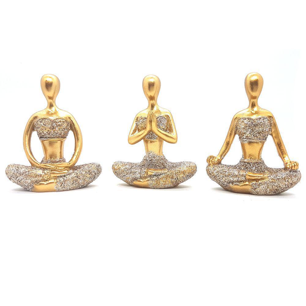 Imagem Kit Com 3 Mini Estátuas Enfeite Decorativo Meditação Posições De Yoga em Cerâmica 6cm Prata/Dourado/Rosé Gold/Preto