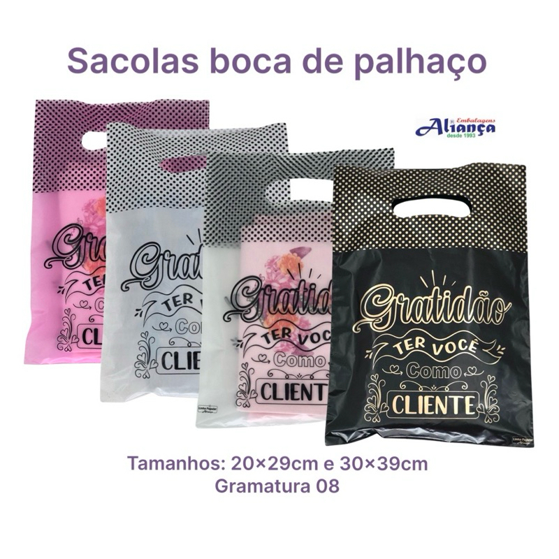 50 Sacolas Boca de Palhaço 30X39cm com frases em Oferta na Shopee