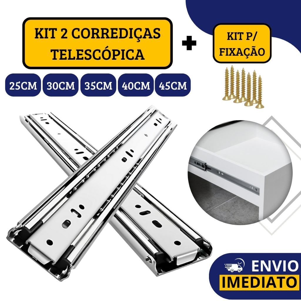 Kit 2 Corrediças Gaveta Trilho Telescópica Light COM Parafusos | 25cm - 30cm - 35cm - 40cm - 45cm