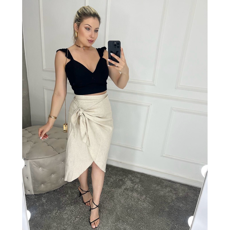 Saia Mídi Linho em Oferta na Shopee