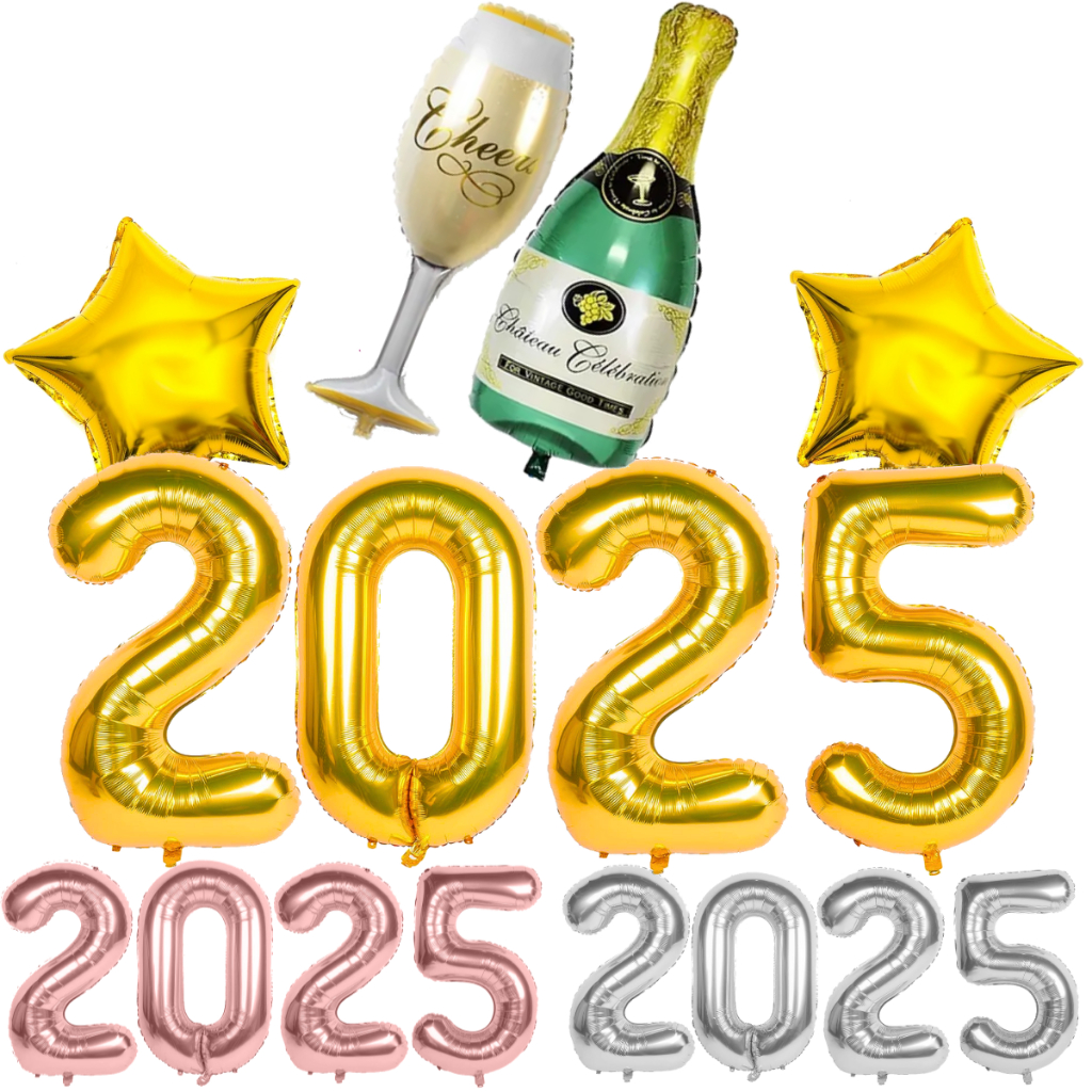 Kit 8 Bexiga Balão Metalizado 2025 40cm + 1 Taça 1 Champanhe 36cm Cheio + Estrela 45cm Para Ano Novo Decoraçao Natal