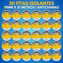 30 Fitas Isolante 19Mmx 10 Metros Preta Anti Chamas VONDER