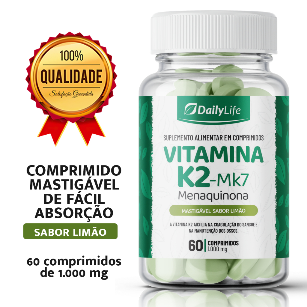 Vitamina K2 MK7 60 Comprimidos 1000mg Mastigáveis Sabor Limão