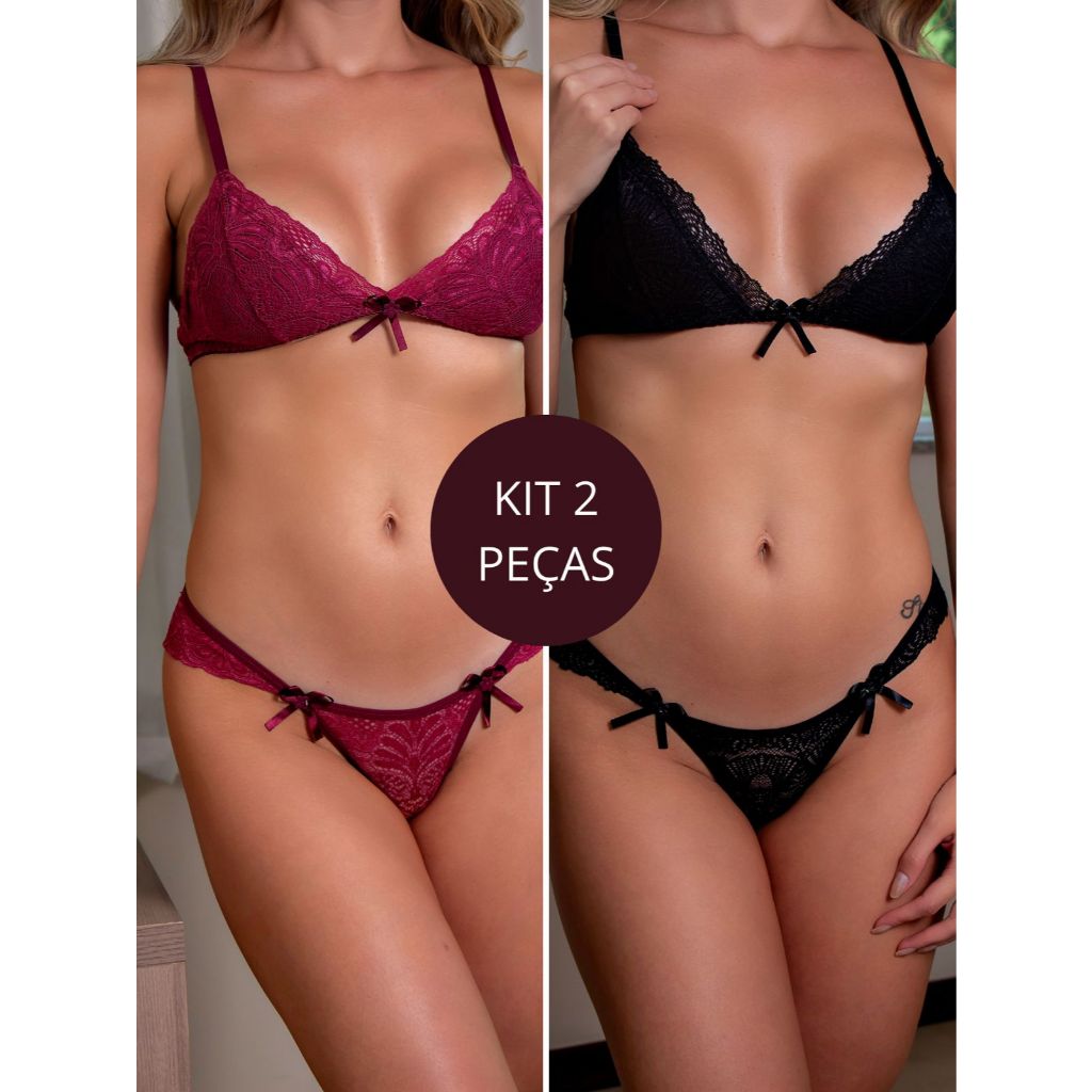 Kit 2 Peças - Conjunto Iza Sem Bojo Triangulo Rendado Alça Regulável Atacado
