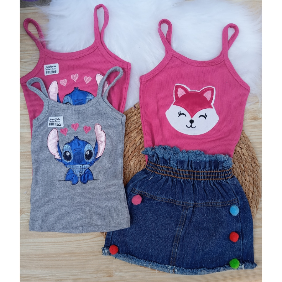 Conjunto infantil meninas blusa regata + Saia JEANS bolinha regata alcinha verão meninas