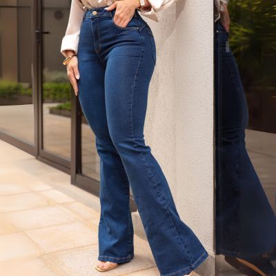 Calça jeans cintura alta Flare Feminino boca de sino cós alto levanta bumbum lycra Elastano Premium em Oferta na Shopee
