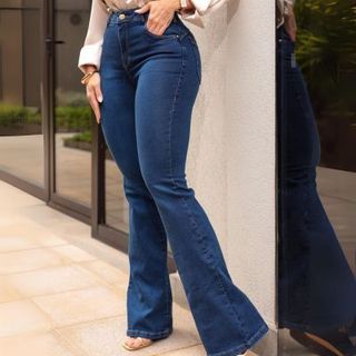 Calça jeans cintura alta Flare Feminino boca de sino cós alto levanta bumbum lycra Elastano Premium