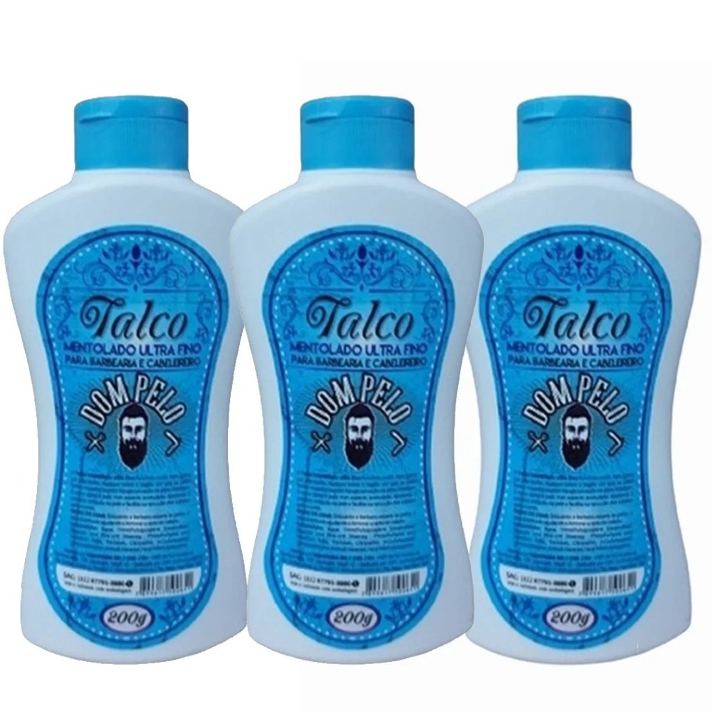 Kit 3 Talco Mentolado Dom Pelo 200g - Ultra Fino, Pós-Barba, Barbeiro Profissional - Pronta Entrega, Envio Imediato