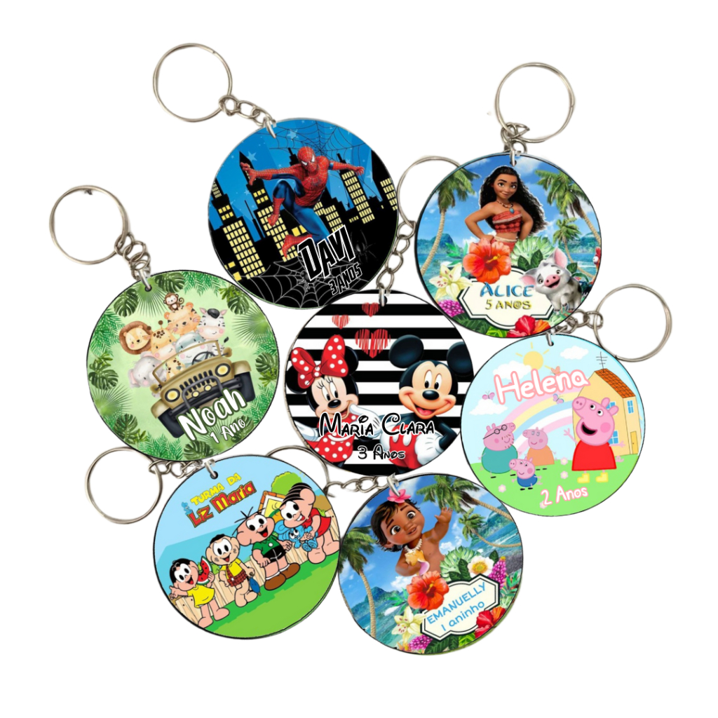 Kit 30 Chaveiros Personalizados MDF Resinado p/ Lembrancinhas Aniversário, Chá de Bebê, Maternidade Temas Diversos
