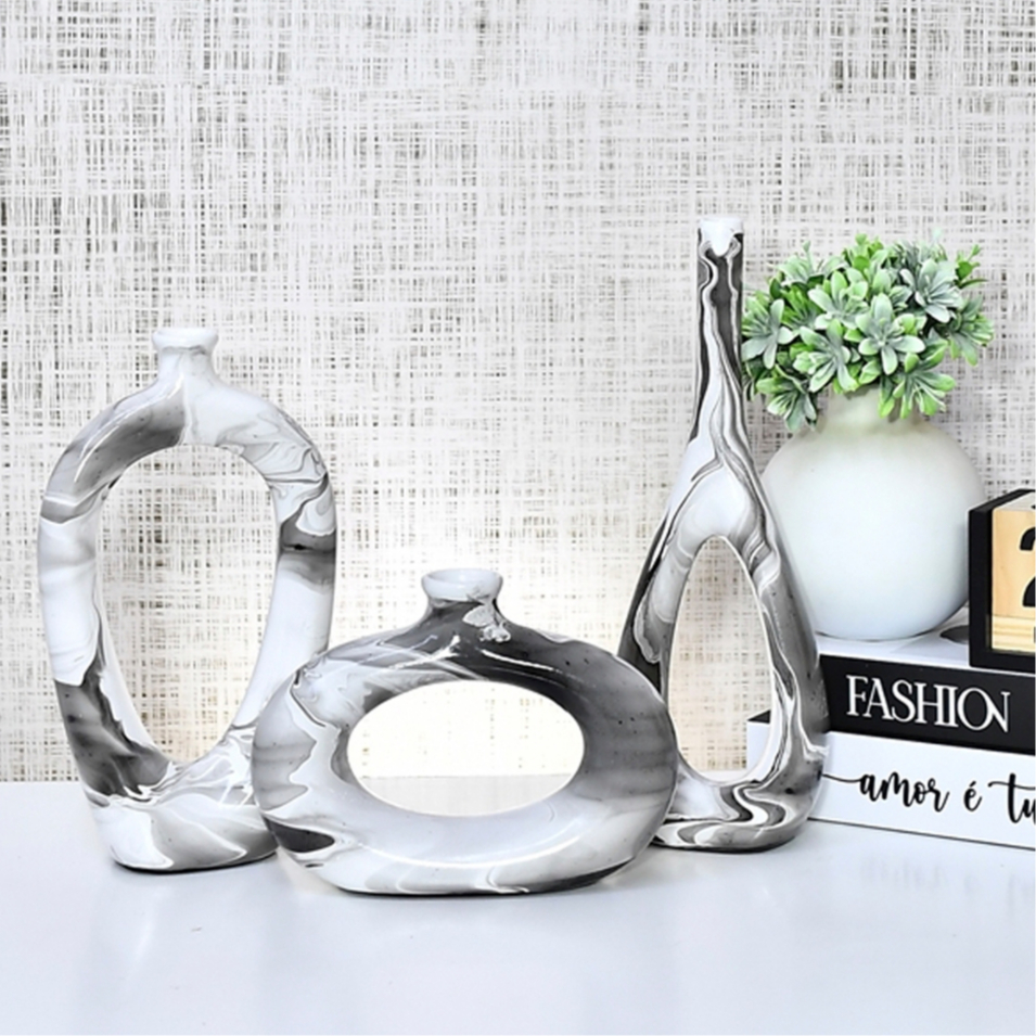 Enfeite Decorativo Trio Vasos Conjunto Kit Decorados Cerâmica Cozinha Centro Mesa Sala Rack Aparador