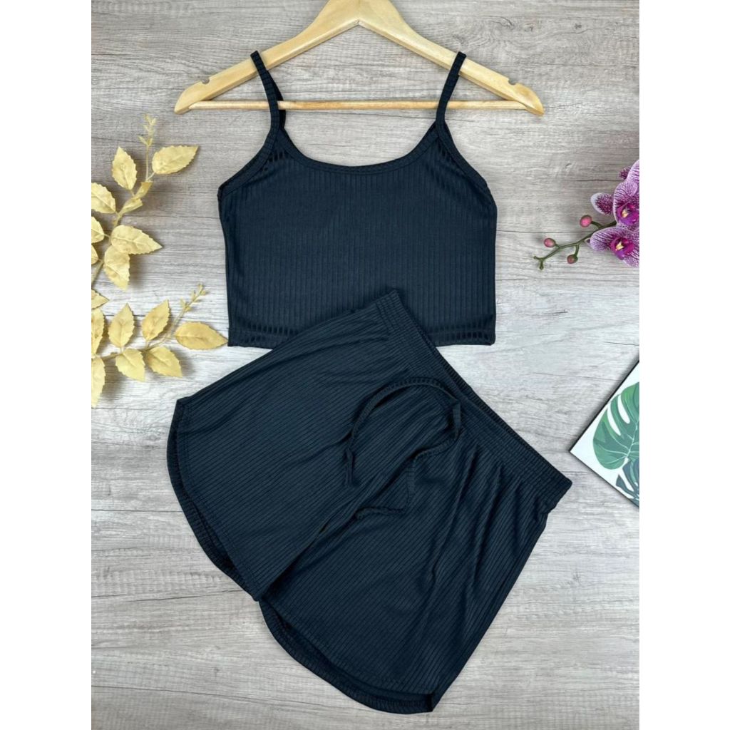 Kit Top Cropped Alcinha + Short Canelado Básica - Caminhada, Academia, Dia a Dia - Blogueira.