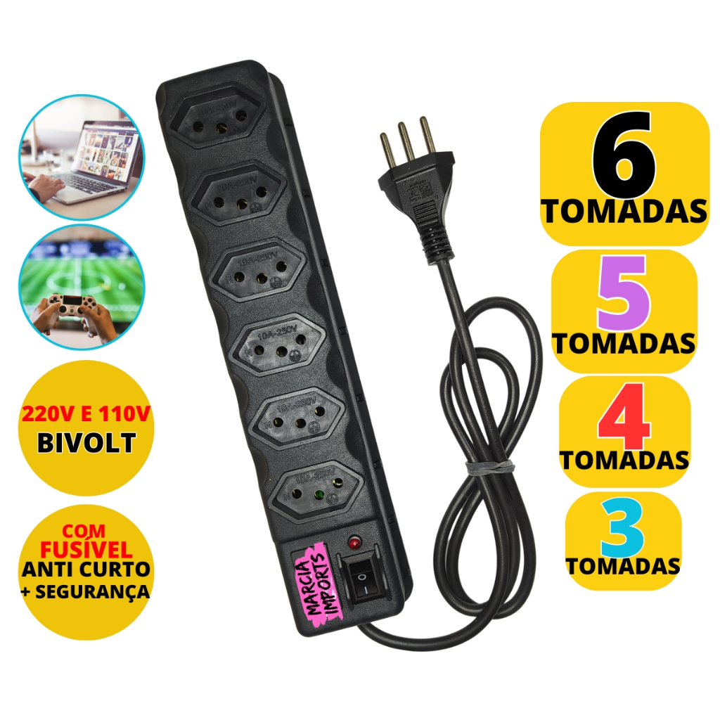 Filtro de Linha com 6 Tomadas Bivolt 110v-220v com 85cm de cabo 10Amperes varios tamanhos c Fusível em Oferta na Shopee