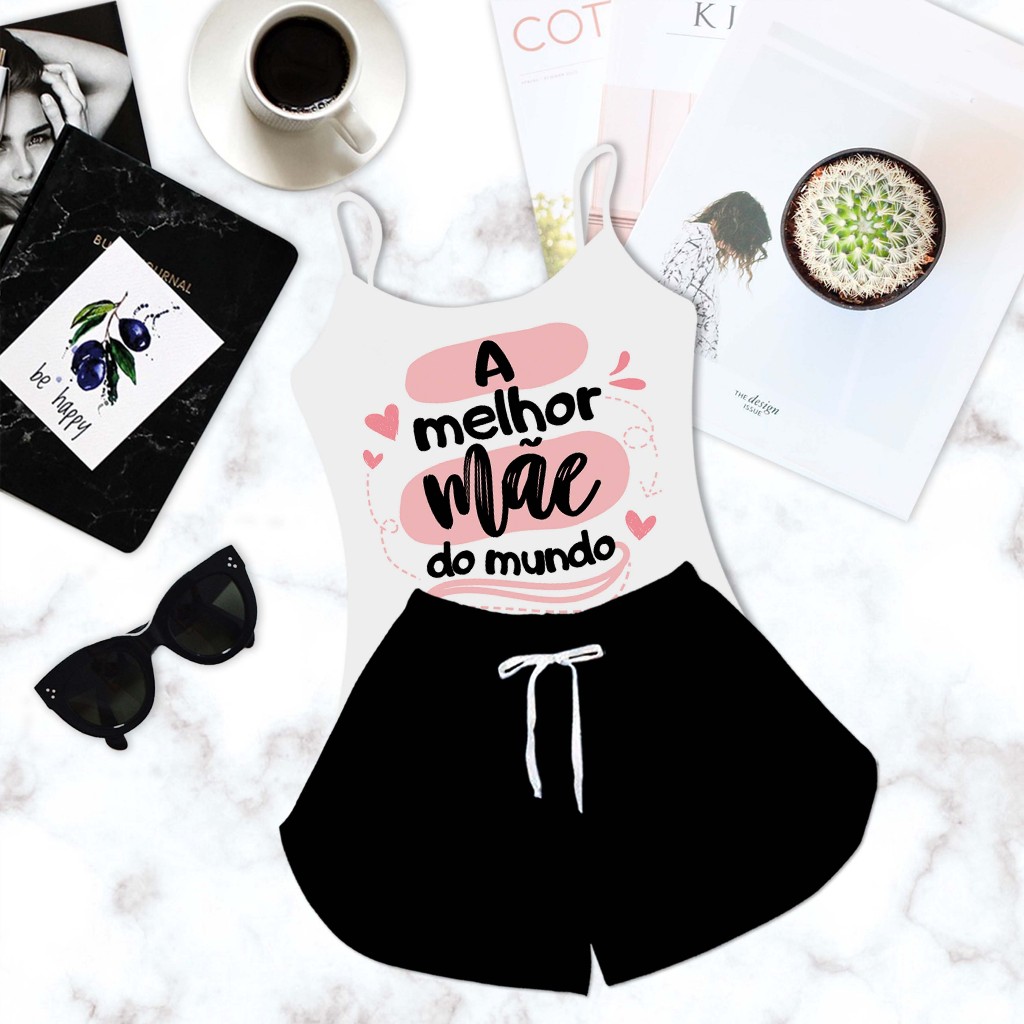 Pijama Baby Doll Feminino Branco Shorts Preto de Verão Personalizado Mãe