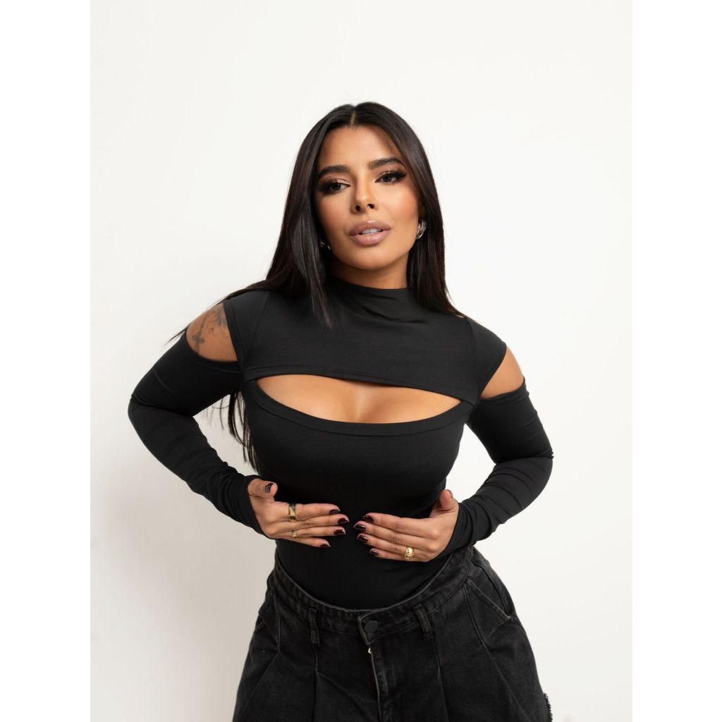 Body Feminino Bori Manga Longa Recorte Busto Vazado na Manga Gola Alta Chic Collant Atemporal Segunda Pele em Oferta na Shopee