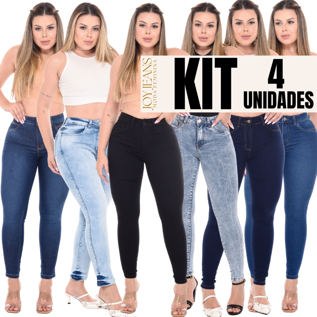 Kit 4 Calças Feminina Cintura Alta Skinny Jeans Com Lycra Levanta Bumbum