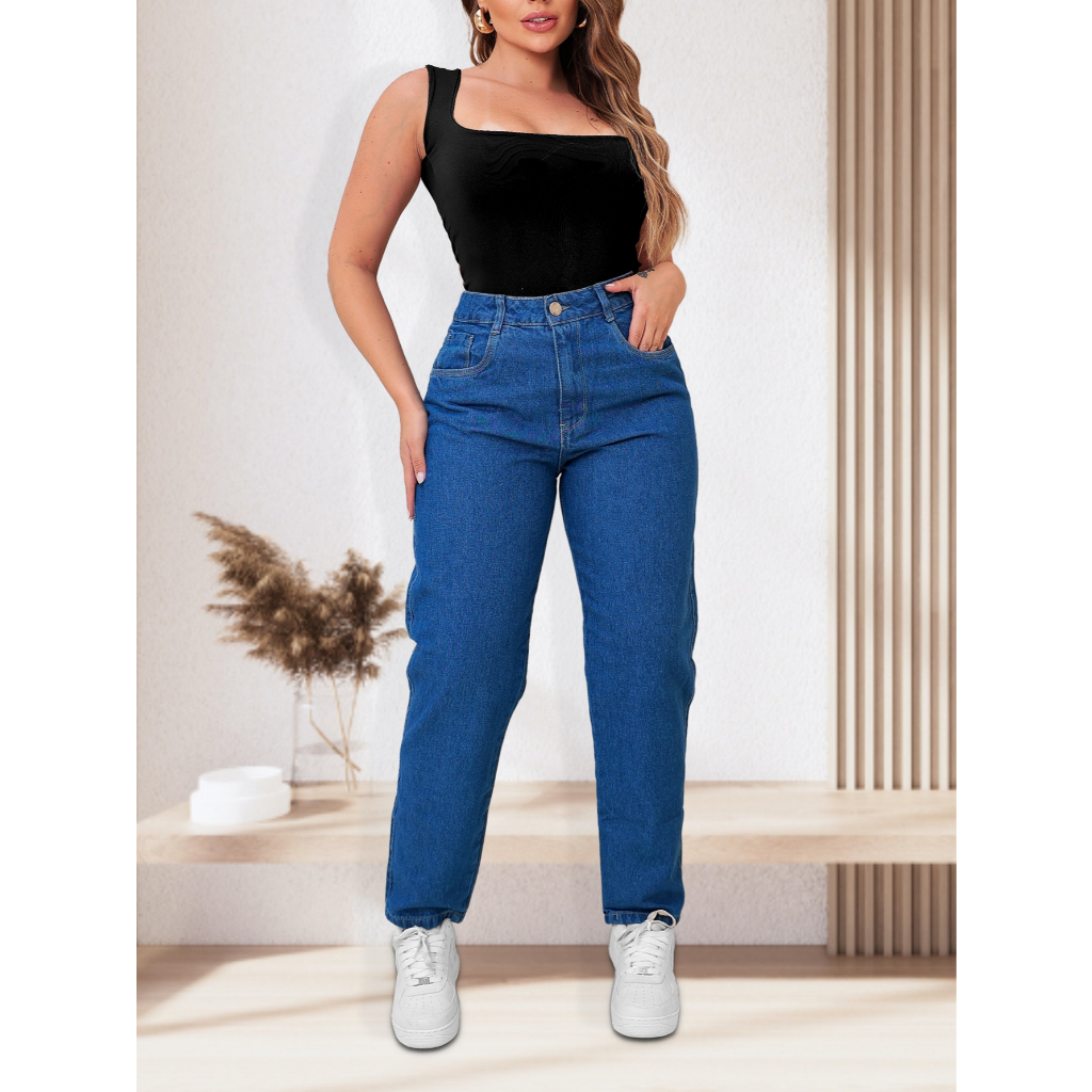 Calça Feminina Mom Melhor Jeans do Brasil Cintura Alta Jeans Grosso de Alta Qualidade 100% Algodão Bolsos Com Profundida