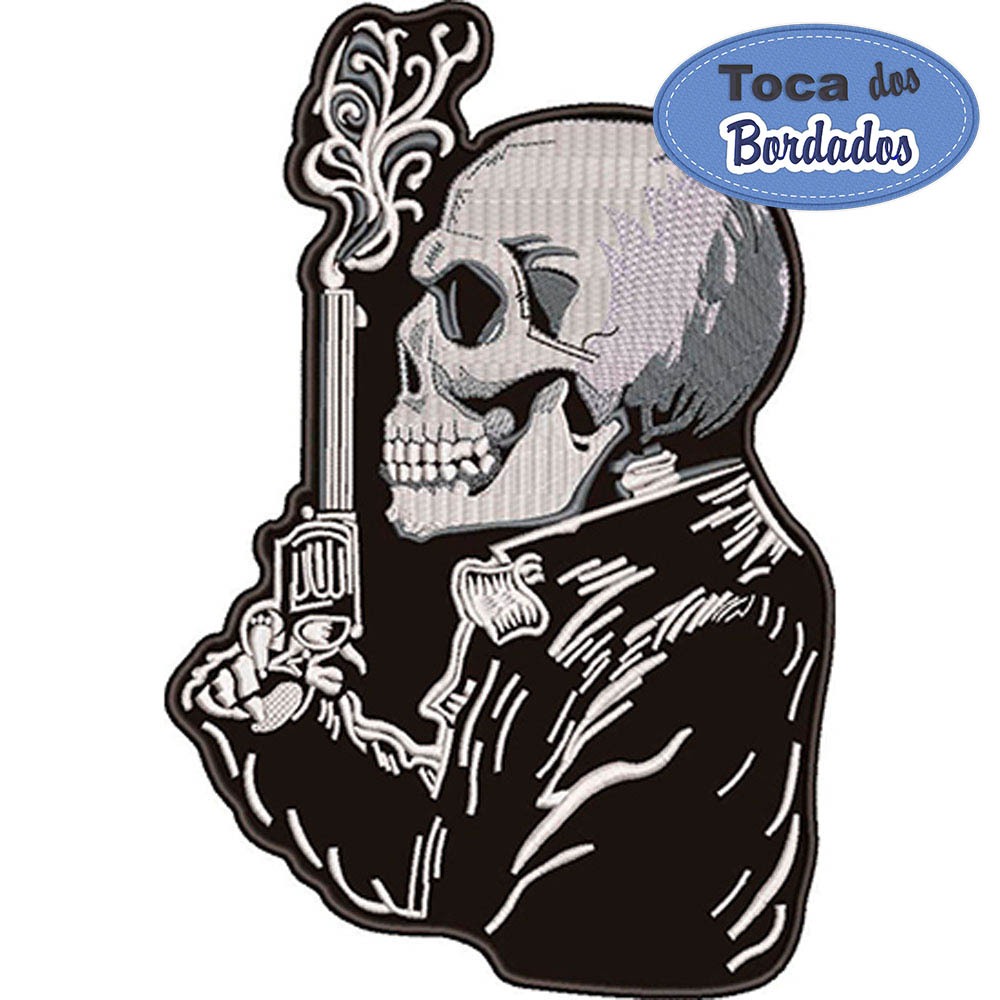 Patch Bordado Skull Caveira com Pistola 25x17 cm Cód.1825- Fixação costura