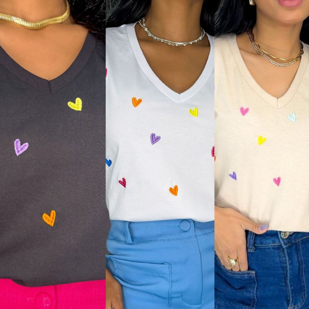 Kit 3 Blusas Gola V Feminina Coração Colorido 100% Algodão Estilo Confortável e Moderno para o Dia a Dia em Oferta na Shopee