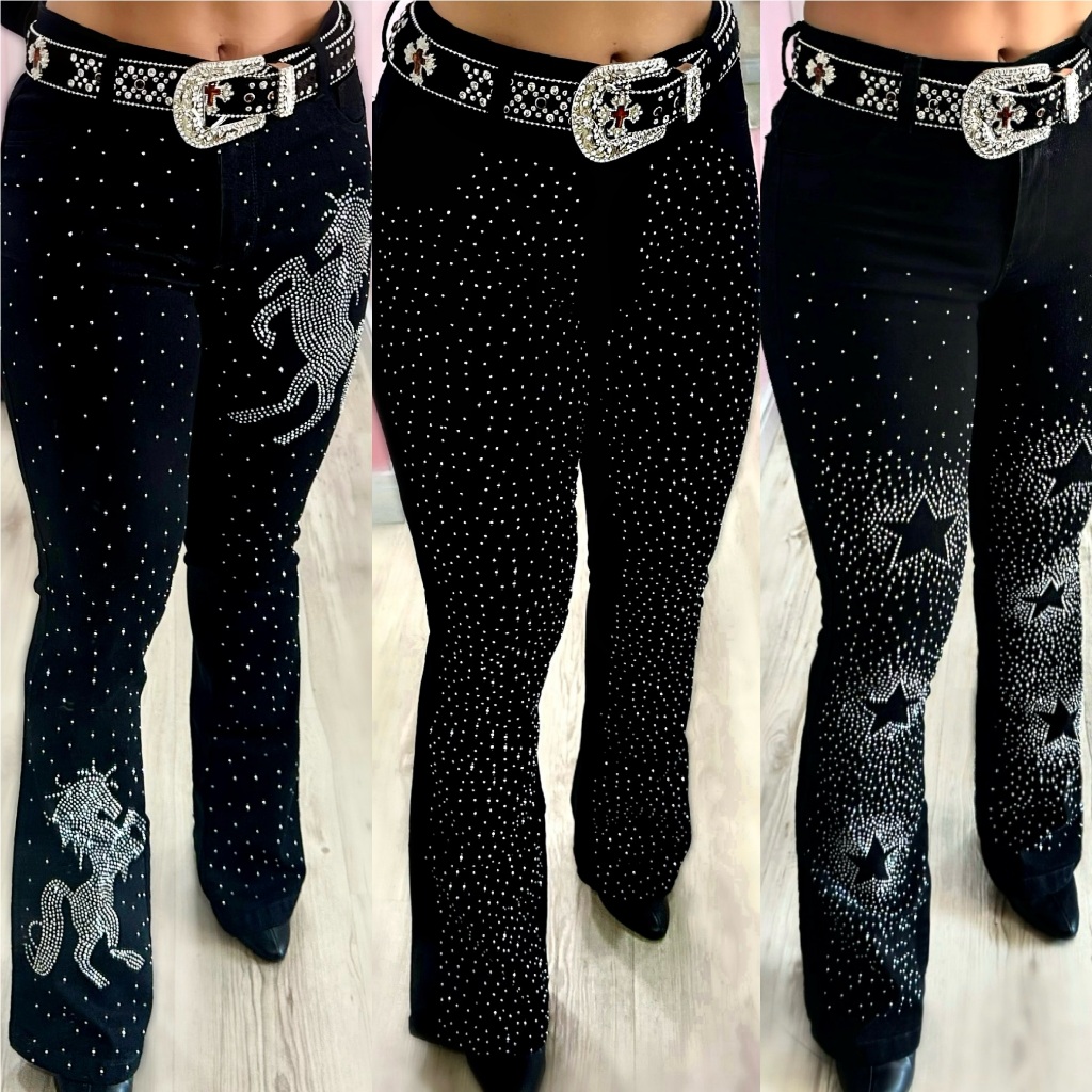Calça Flare Jeans Feminina Country Rodeio de Luxo Cintura Alta com Strass em Oferta na Shopee