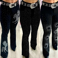 Calça Flare Jeans Feminina Country Rodeio de Luxo Cintura Alta com Strass